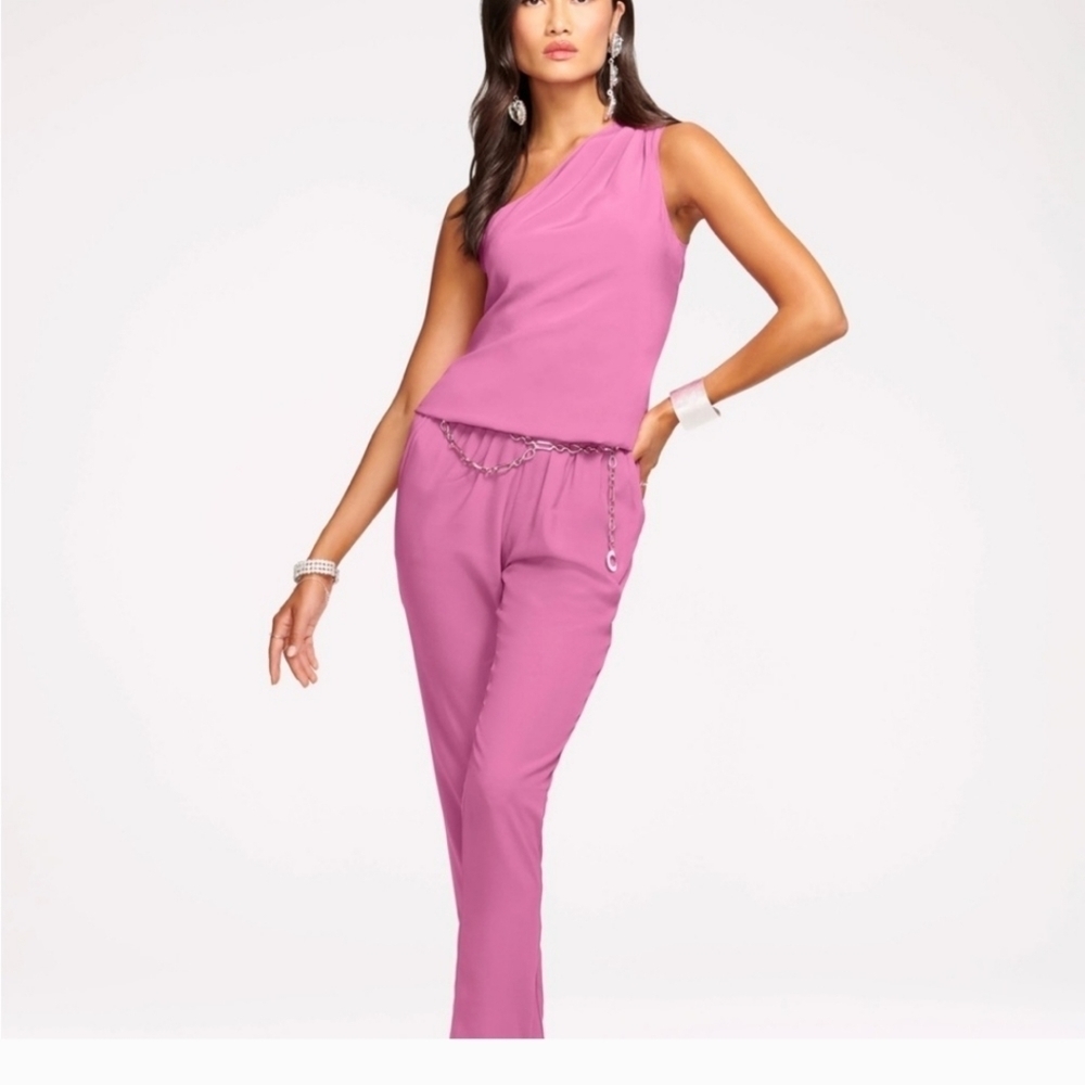 NWT Ramy Brook Lulu One Shoulder Silk Gala Pink Jumpsuit Size Medium